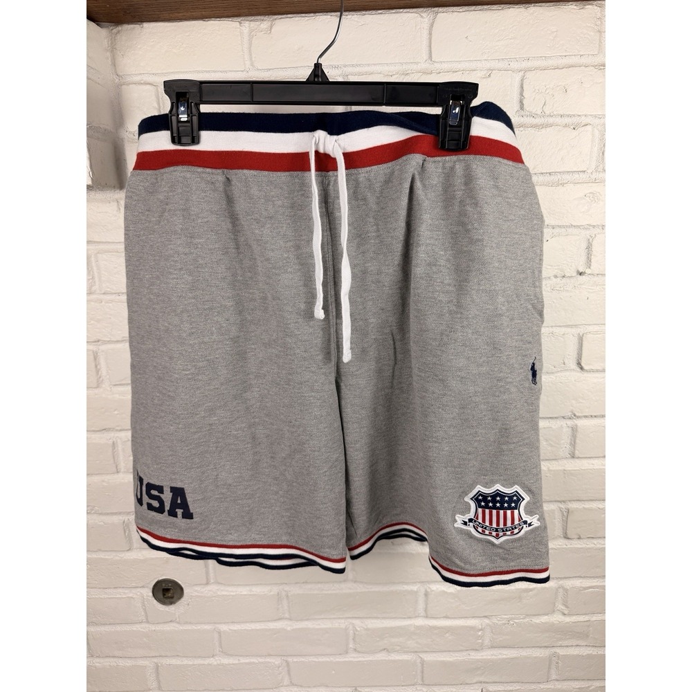 Americana Polo Ralph Lauren XXL USA Shield Varsity Sweat Shorts Gray Pony